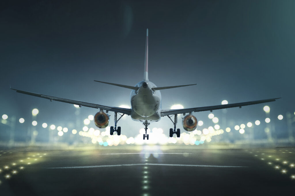 Airplane landing in the night